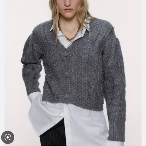 Zara Contrasting Knit Grey Cardigan Size Small - Picture 1 of 6